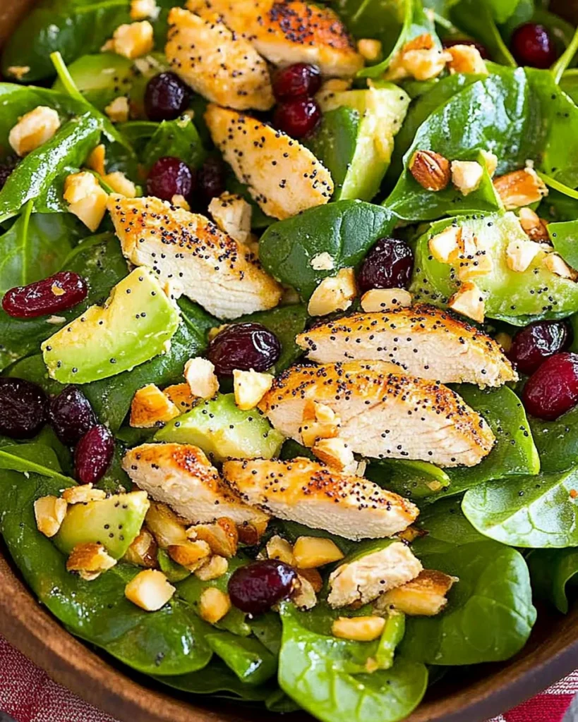Cranberry Avocado Spinach Salad with Chicken and Orange Poppy Seed Dressing