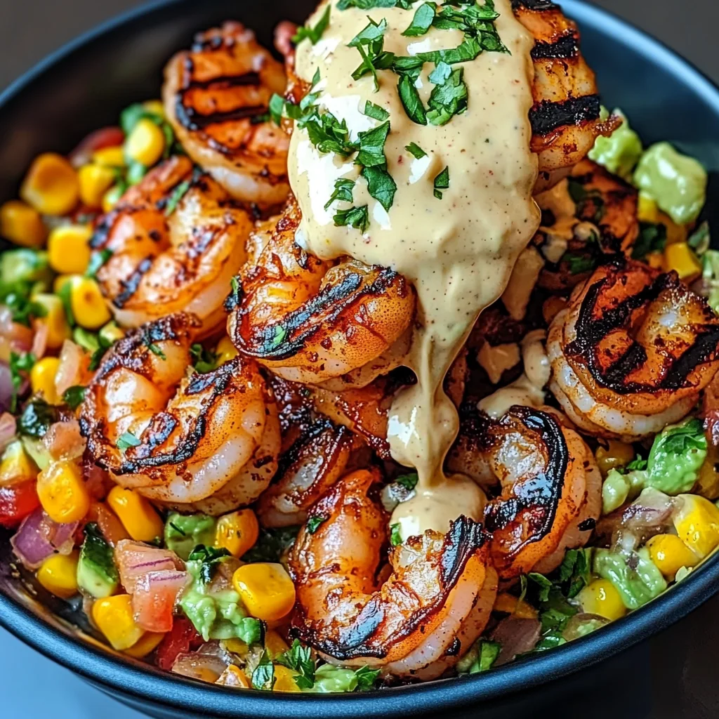 Grilled Shrimp Bowl with Avocado, Corn Salsa & Creamy Sauce