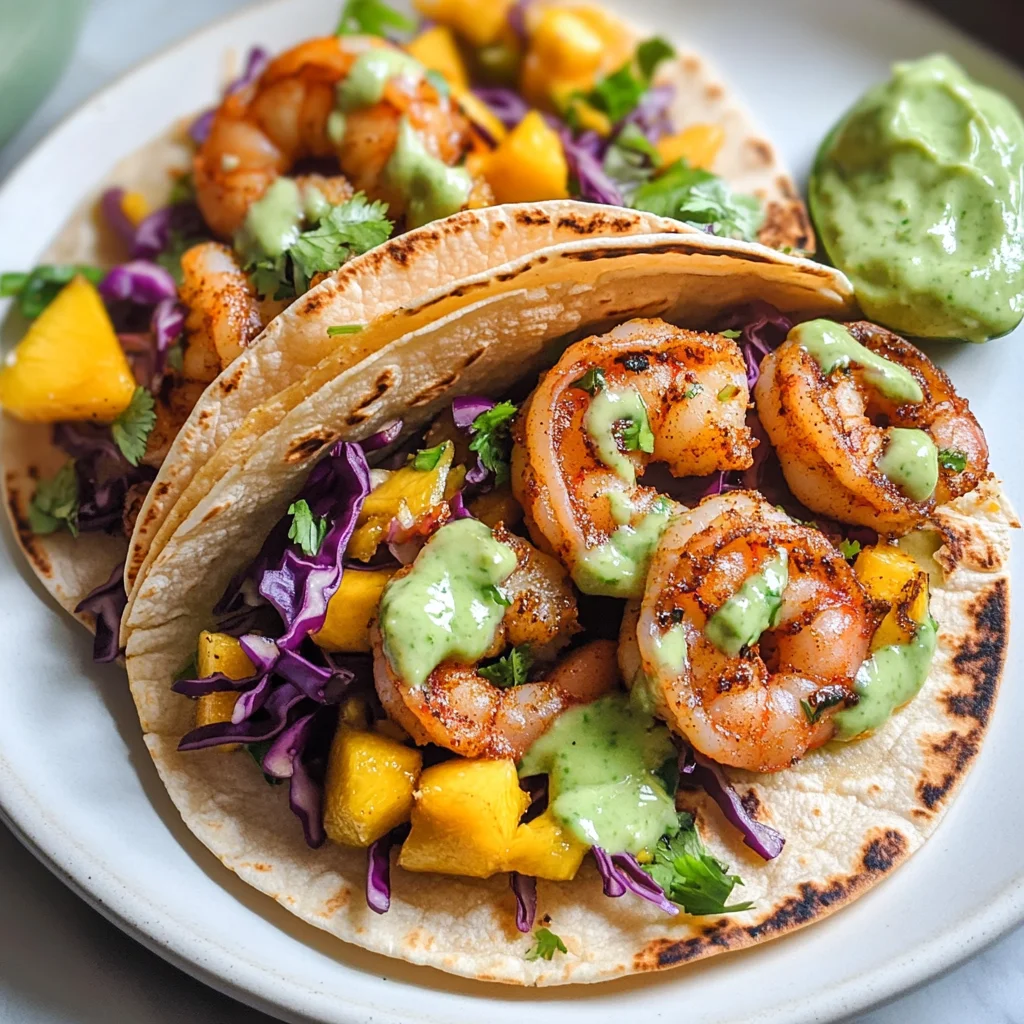 Spicy Shrimp Tacos with Mango Slaw and Avocado Crema