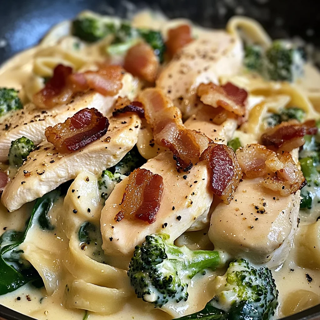 Creamy Chicken Alfredo with Bacon, Spinach & Broccoli