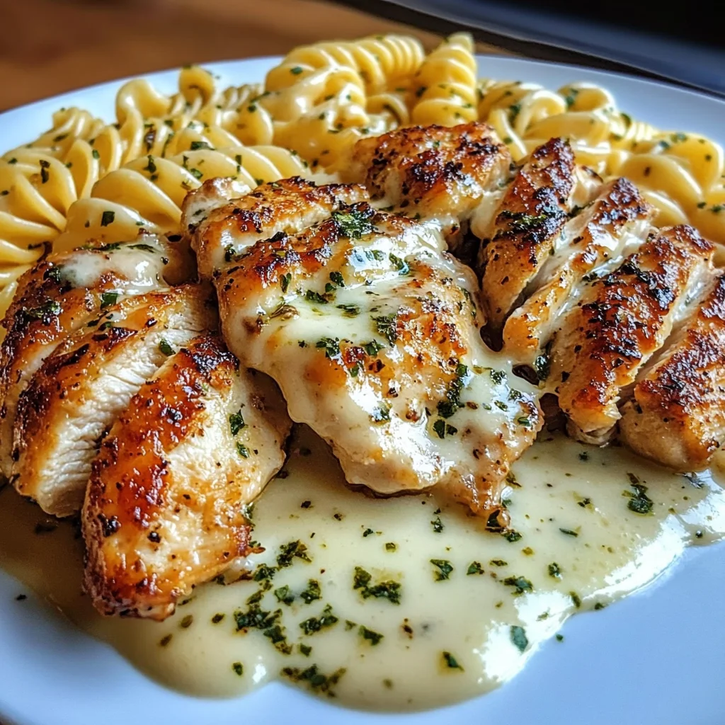 Creamy Parmesan Chicken with Twisted Pasta and Garlic Sauce