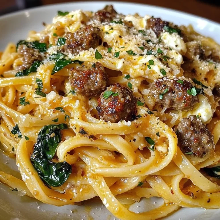 Garlic Butter Cheesy Linguine with Beef, Sausage and Spinach