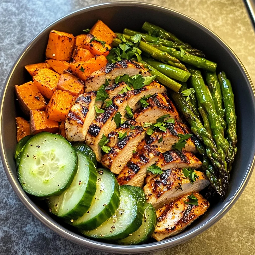 Grilled Chicken Bowl with Sweet Potato, Asparagus & Cucumber Medley