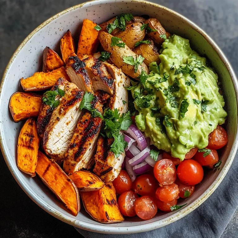 Grilled Chicken Power Bowl with Spiced Sweet Potato Wedges & Avocado Cream