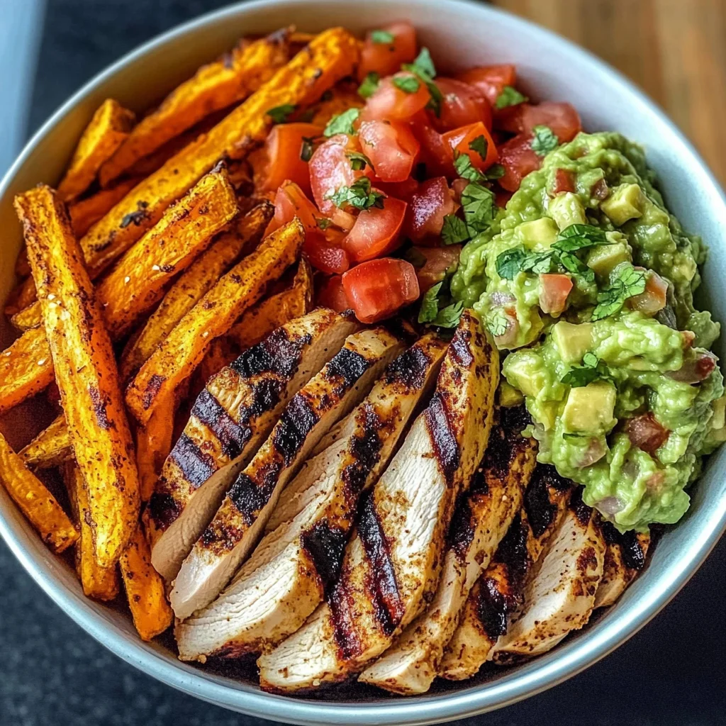 Grilled Chicken Power Bowl with Sweet Potato Fries & Guac