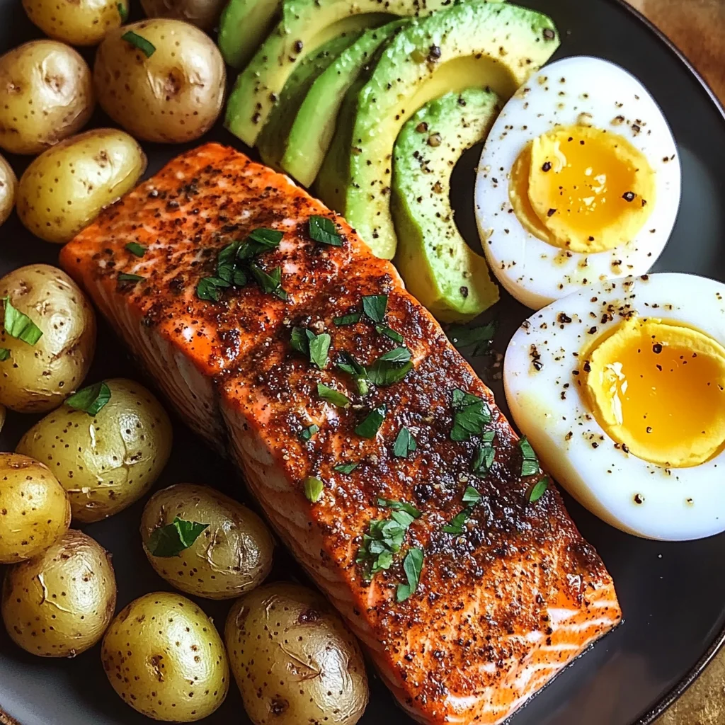 Spiced Salmon with Garlic Herb Potatoes, Avocado & Soft-Boiled Eggs